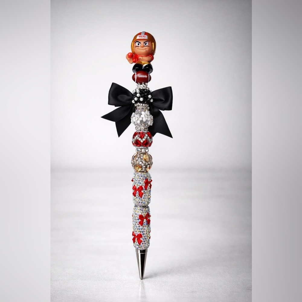 49ers Crystal & Red Bow Rhinestone Beaded Pen with Black Satin Bow